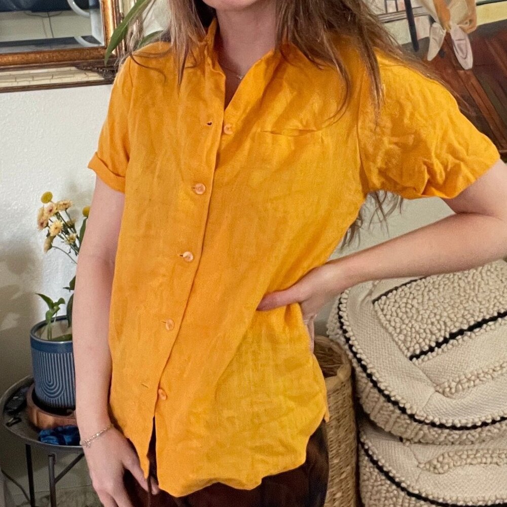 Vintage 1970s Cuffed Short Sleeve Button Down Blouse womens sz M linen cotton